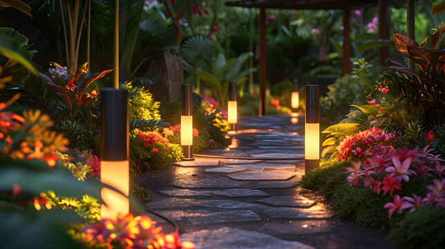 Solar-powered Outdoor Lighting Illuminating A Garden Pathway Surrounded By Lush Flowers And Plants.