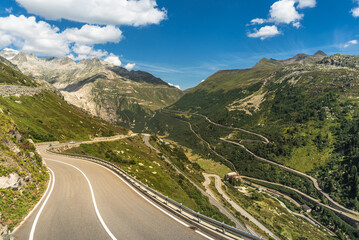 Serpentines of the Grimsel and Furka Pass roads, view of the village of Gletsch and the Upper Rhone Valley, Obergoms, Canton of Valais, Switzerland