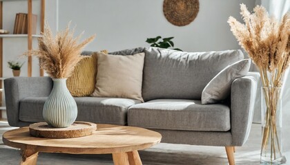 grey sofa with cushion and pampas grass on coffee table in light living room