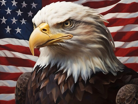 North American Bald Eagle on American Flag, Eagle With American Flag Flies In Freedom
