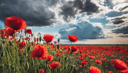red poppies in the field background imagery for remembrance or armistice day on 11 of november dark clouds on the sky selective color