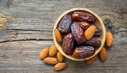 medjool dates and almond on wooden background with copy space top view