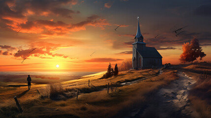 Landscape sunset: people go to a lonely church