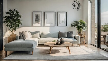 modern light minimalist interior of the living room layout with a sofa and home decor with frames for art generated