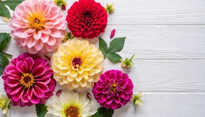 beautiful colorful zinnia and dahlia flowers on white background with copy space for text flat lay style