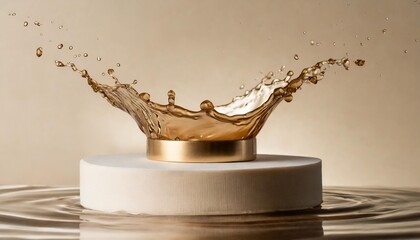 d beige pedestal podium with liquid splash crown d rendering cometic product mockup