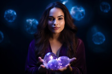 Naklejka premium An enigmatic woman, draped in a purple robe, conjures a swirling galaxy of light within a crystal orb, surrounded by an aura of mystical energy. 