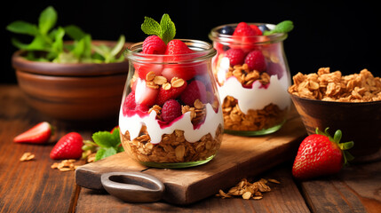 Healthy breakfast of strawberry parfait made with fresh fruit, yogurt and granola over a rustic. Healthy blueberry and raspberry parfait in a mason jar on a rustic