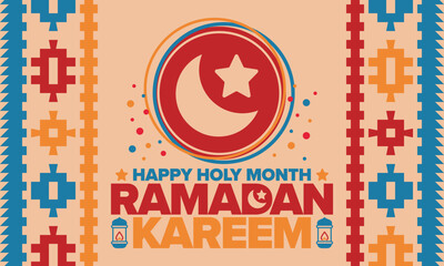 Ramadan Kareem. Happy Holy Month. Crescent, moon, star and lantern. Arabian holiday. Flat style. Greeting card. Creative art. Vector illustration