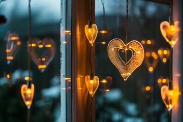 heartshaped christmas lights hung on a window