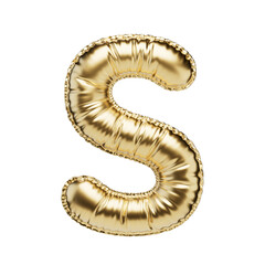 Letter S in the form of a gold foil balloon isolated on a transparent background. PNG 3D render. Letter of the Latin alphabet. Metallic volumetric letter with matte texture. Golden monogram.