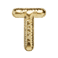 Letter T in the form of a gold foil balloon isolated on a transparent background. PNG 3D render. Letter of the Latin alphabet. Metallic volumetric letter with matte texture. Golden monogram.