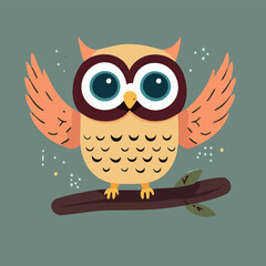 Cartoon Owl on a branch, flat style 