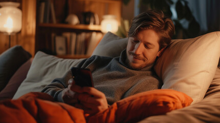 Man chatting with smartphone in cozy room. 