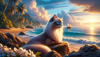 Balinese Cat's Seaside Serenity - obrazy, fototapety, plakaty