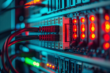 Close-up photo of patch panel with wires connected to it. Glowing indicators indicate the operation of the panel located in server rack. - obrazy, fototapety, plakaty