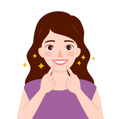 Beautiful happy woman smiling showing her pretty white smile pointing fingers at mouth.