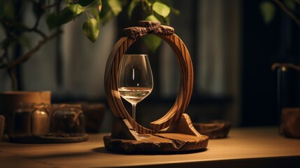 Glass of Wine on Wooden Table - obrazy, fototapety, plakaty