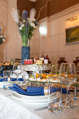 Opulent buffet with snacks, sandwiches, fruits, sweets on decorated table with blue accents.