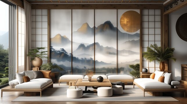 A living room featuring a painting of mountains on the wall, complementing the interior design with Property, Furniture, Building, Plant, Wood, Window, and Real estate elements