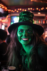 Fototapeta premium Happy Saint Patric’s Day. Happy woman dressed all green in Irish Pub. 17th March feast day of St. Patrick, patron of Ireland. Irish tradition, religious and cultural holiday. Green background.