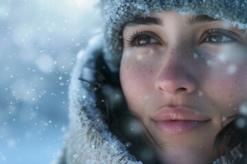 Close Up of Woman in Winter Clothing with Snowflakes Falling