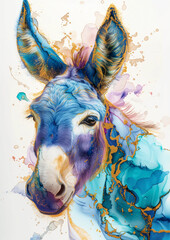 alcohol ink geode mix with cute donkey with golden contours - obrazy, fototapety, plakaty