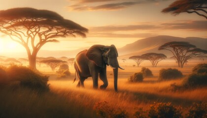 Elephant's Serene Savannah - obrazy, fototapety, plakaty