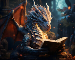 realistic fairy tale dragon with magic book in castel