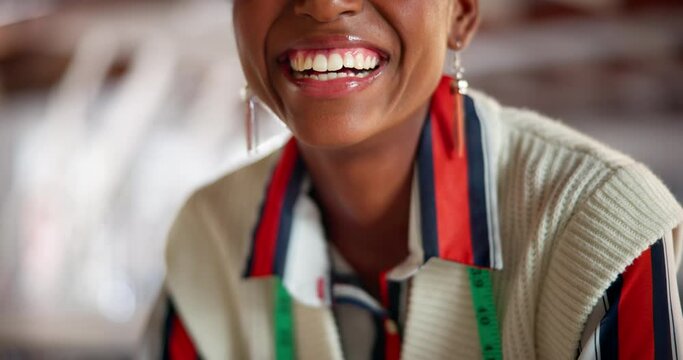 Smile, happy and face of business woman in office with funny joke, laughing and positivity. Oral hygiene, dental health and closeup of mouth of person for teeth cleaning, wellness and whitening