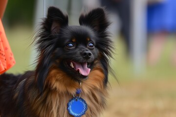 japanese spitz with a blue ribbon at a dog show