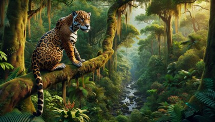 Jaguar's Rainforest Vigil - obrazy, fototapety, plakaty