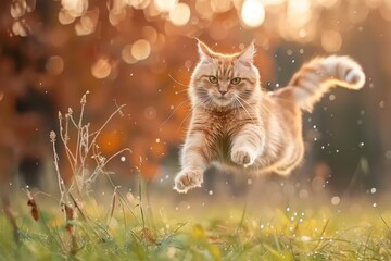 orange cat jumps in the air and catches some leaves