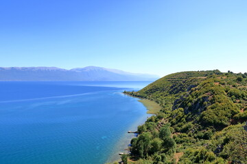 Naklejka premium Beautiful lakeshore landscape at lake ohrid (near Lin village), Albania