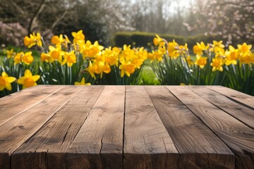 Empty wooden boardwalk over blooming narcissus garden background. spring mock up.