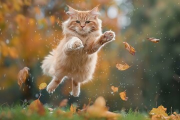 orange cat jumps in the air and catches some leaves