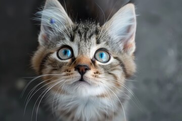 kitten looking up at the camera from a grey background