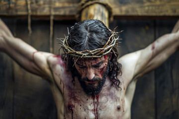 Jesucristo crucificado sobre la cruz de madera, con la corona de espinas sobre su cabeza, cara ensangrentada y torso desnudo. Concepto celebraciones, Semana Santa, Pascua,  - obrazy, fototapety, plakaty