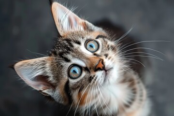 kitten is looking up from black background