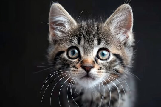 kitten is looking up from black background