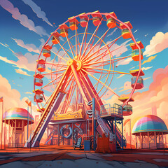 Amusement park with ferris wheel at sunset. Cartoon  illustration