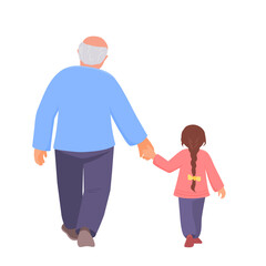 Grandfather and granddaughter walk holding hands. Back view. Vector isolated color illustration in flat style.