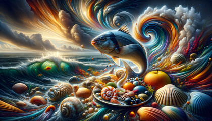 Vibrant and Surreal Sustainable Seafood: Photorealistic Close-Up with Abstract Psychic Waves