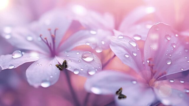 beautiful flower background, gentle romantic artistic image soft pastel . dew drops on pink flower. seamless looping overlay 4k virtual video animation background 