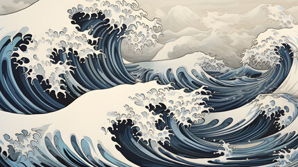 great wave on sepia background, in the style of stormy seascapes, decorative backgrounds, light sky-blue and dark beige, mural painting, bold manga lines, monochrome landscapes, colorful 