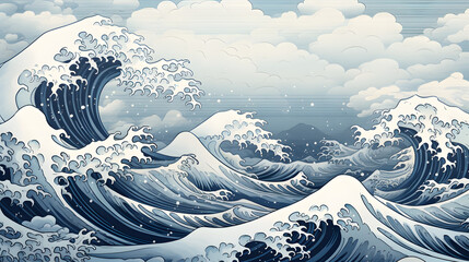 an illustration of a blue sea of waves, in the style of neo-traditional japanese, light beige and dark azure, vibrant murals, stormy seascapes, ink and wash, playful cartoon illustrations, poster