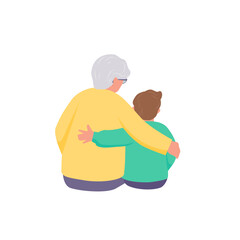 Grandmother is hugging a grandson. Back view. Vector isolated color illustration