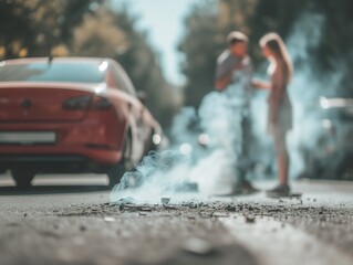 Two accident shattered Cars Collided on the road while two people in dispute beside the cars. Uninsured, traffic accident, and the concept of insecurity