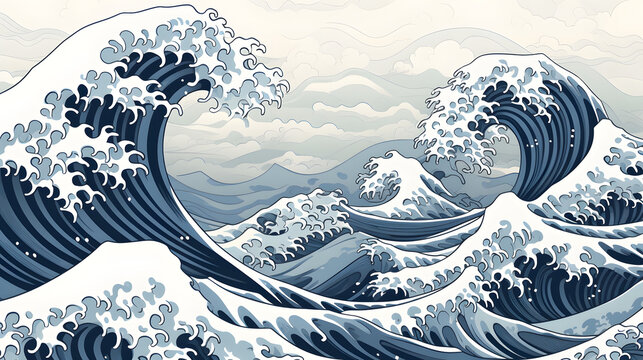 great wave, anime blue wave art, in the style of isolated landscapes, hand-drawn, light beige and gray, richly detailed backgrounds, mural painting
