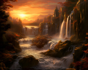 Waterfall in autumn forest at sunset. digital painting on canvas.
